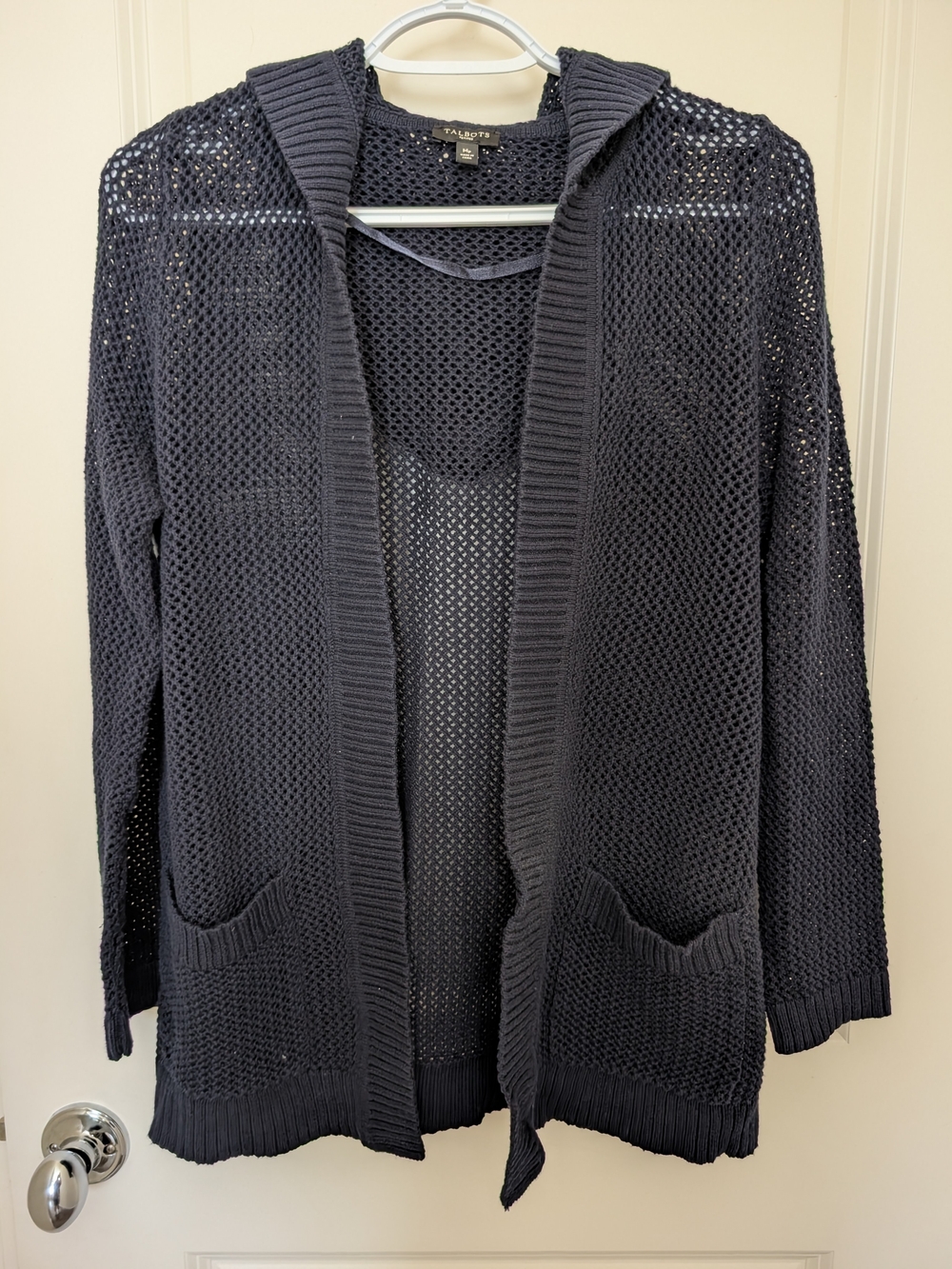 Talbots Navy Open-Knit Hooded Cardigan Sweater